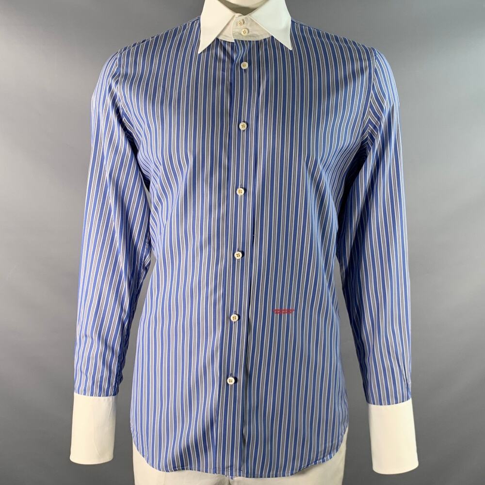 DSQUARED2 Size L White Blue Stripe Cotton Long Sleeve Shirt